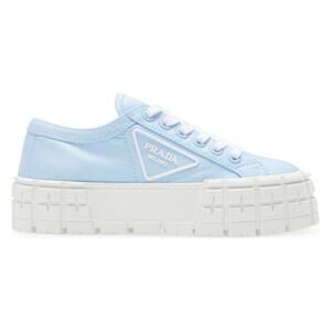 Prada Cielo Blue Nylon White Platform Lug Sole Flat Low Top Trainer Sneaker 37.5